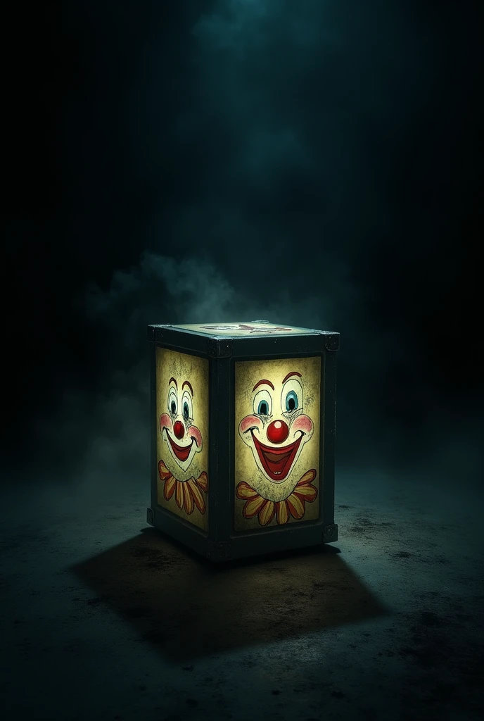 A box with clown drawings in the middle of the darkness and illuminates it with low light