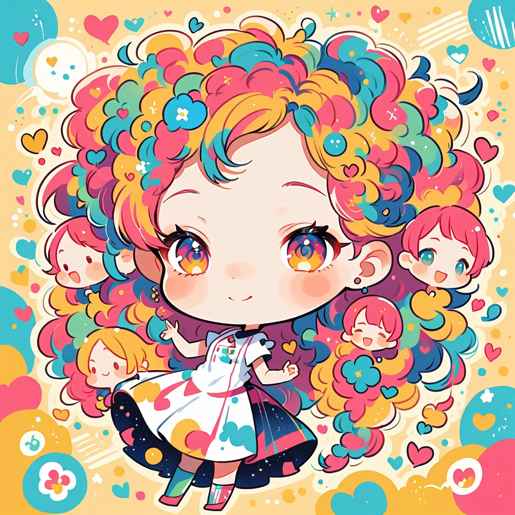 Mika Pikazo style, Simple Line Initialism，Abstract art，Urban Background, colorful hearts ,(((The most beautiful girl of all time))), (((chibi))), happy dance