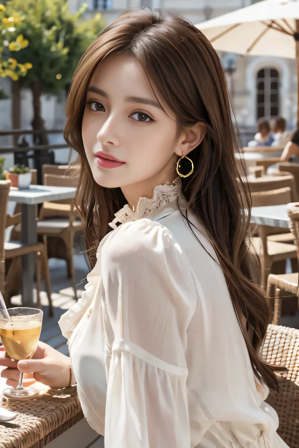 masterpiece, Highest quality, Realistic, Very detailed, Finer details, High resolution, 8k wallpaper, One beautiful woman,Wear a nice blouse, On the terrace of a lovely cafe, at noon, Light brown messy hair, Perfect dynamic composition, Beautiful and beautiful eyes、Big earrings