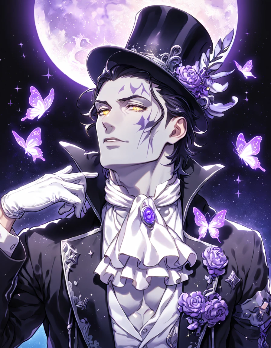 absurdres, highres, ultra detailed, HDR, master piece, best quality, Tyki Mikk, black hair, hair slicked back, ruffled hair, expressive yellow eyes, gray skin, D.Gray-man, solo, sexy man, handsome, sensual, horny, manly man, gentleman black hat, black coat, white shirt, white cravat, white gloves, fantasy, magical, shining, purple flowers, blossoms, water, purple butterflies, purple butterflies, sparkling, purple moon, starry sky