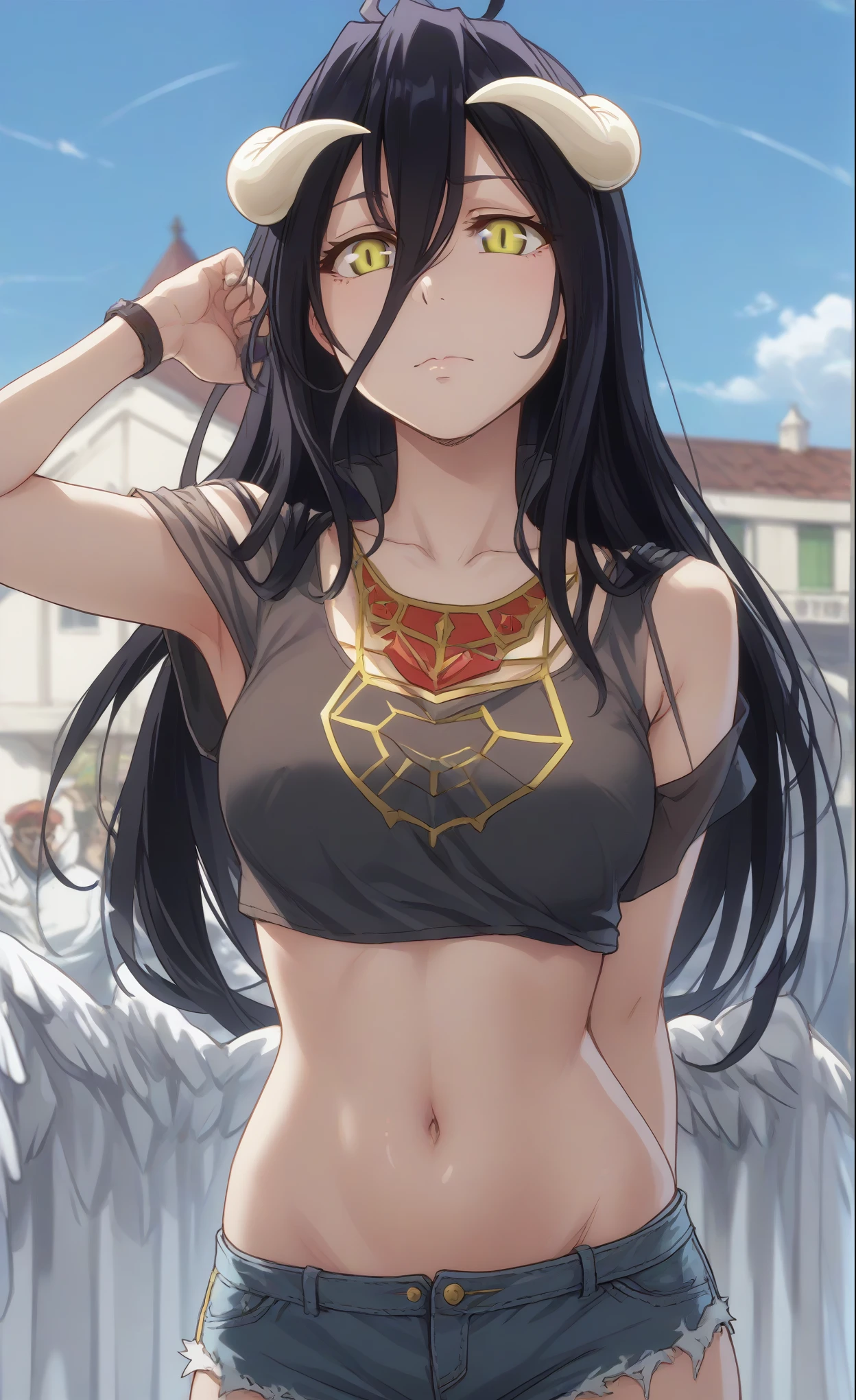 albedo, long hair, black hair, horns, demon girl, demon horns, albedo (overlord), hair between eyes, yellow eyes, slit pupils,top tank,shorts