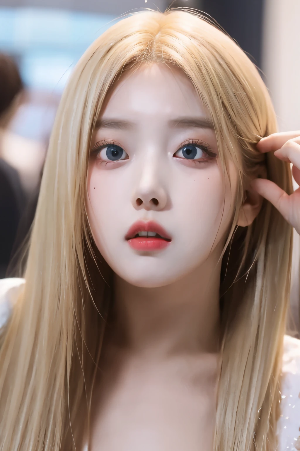 1girl, JIWOO NMIXX , perfect face and eyes, perfect poses, sexy body, surprised, blonde hair, hairy, masterpiece, best quality, highly detailed, solo focus