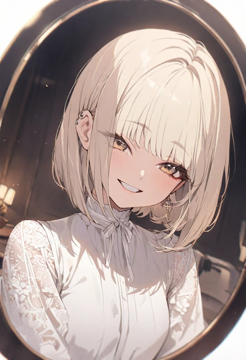 girl, (Puffy eyes:1.05), (White lace shirt), Platinum Blonde Hair, (Angled Bob:1.4), Straight bangs, (Long flowing hair), smile, Happy, happiness, Skin with attention to detail, Skin pores, A surprisingly innocent and symmetrical face, Long eyelashes, Black eyeliner, Light gold eyeshadow, cross_foot, emotion, masterpiece, Highest quality, reality,