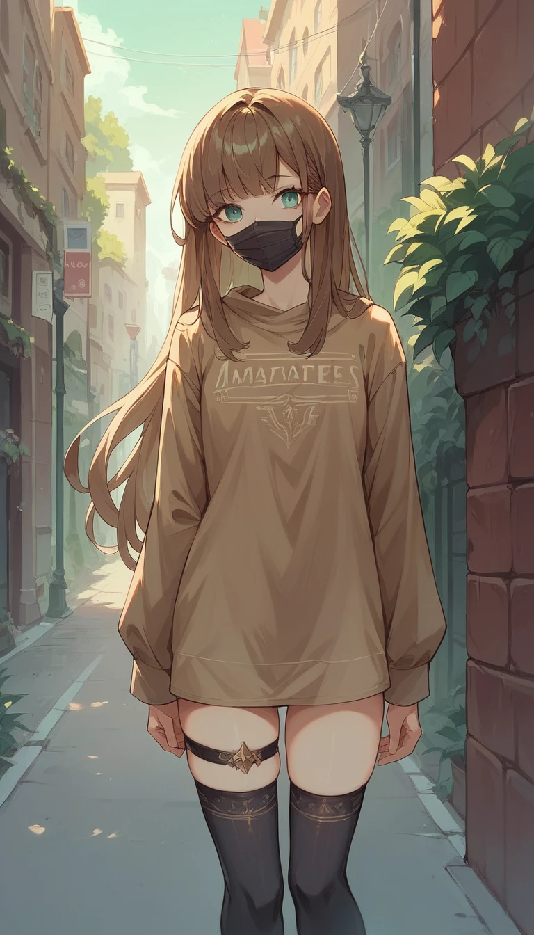 ((masterpiece)), Highest quality, (8k, Highest quality, masterpiece:1.2), Very detailed, gretelalt, brown hair, long hair, teal eyes,thighhighs, bangs, mouth mask, long sleeves, legband, stockings, outdoors,street