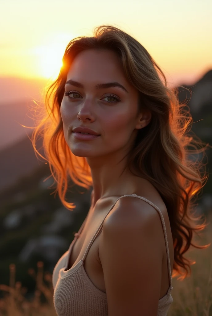 photo realistic, best quality, super detailed, la magnifique  sophie mudd photo de selfie, Haut du corps, bare, wear a tank top, cool, (sun set), mountains, nature in real life, (joyeux, blissful), sleeping bag, fluttering hair, forest, rock, river, Wood, Smoke, ciel clair, analog style, vue du spectateur, Texture de la peau, grain de film, toe, Ultra haute résolution, best shadow, BRUT, LUT Instagram