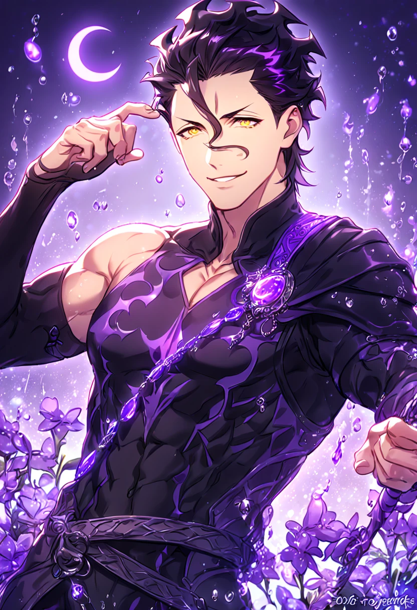 absurdres, highres, ultra detailed, HDR, master piece, Diarmuid ua duibhne, black hair, expressive yellow eyes, black clothes, Fate Grand Order, sexy man, handsome, best quality, purple glittering crescent moon, purple flowers, fantasy, magical, solo, water, purple shining fireflies, purple petals, sensual, purple fire, manly man, handsome smile
