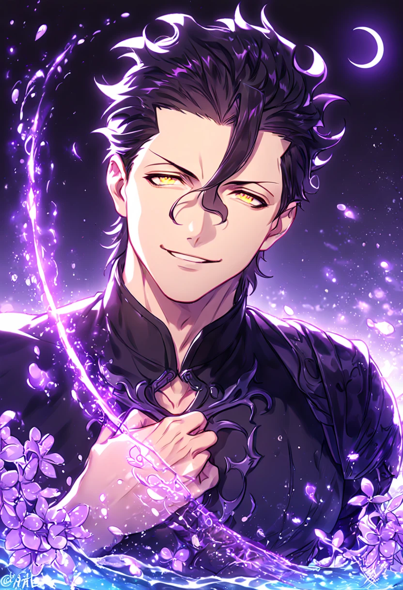 absurdres, highres, ultra detailed, HDR, master piece, Diarmuid ua duibhne, black hair, expressive yellow eyes, black clothes, Fate Grand Order, sexy man, handsome, best quality, purple glittering crescent moon, purple flowers, fantasy, magical, solo, water, purple shining fireflies, purple petals, sensual, purple fire, manly man, handsome smile