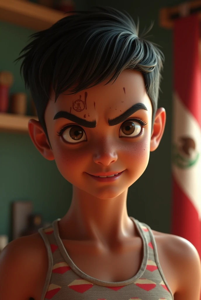 young, with a marked jaw and thin lips. His nose is big, round and with the septum slightly protruding. He has small, dark eyes., slightly torn, with triangular eyebrows. Her skin is tanned brown, darker than average, and has visible ears. is shaved, but you can see the growth of dark hair.
His expression is strong, with a feeling of anger or determination. The expression lines on the forehead are very marked, and the veins on the temple are very noticeable, accentuating the intensity of his emotion. For a more cultural touch, The background may include traditional Mexican elements, and your posture can show confidence and firmness.
She is a normal person, not a model. She has more indigenous Mexican features and you don't see as many furrows on her face. It is smoother and rounder.