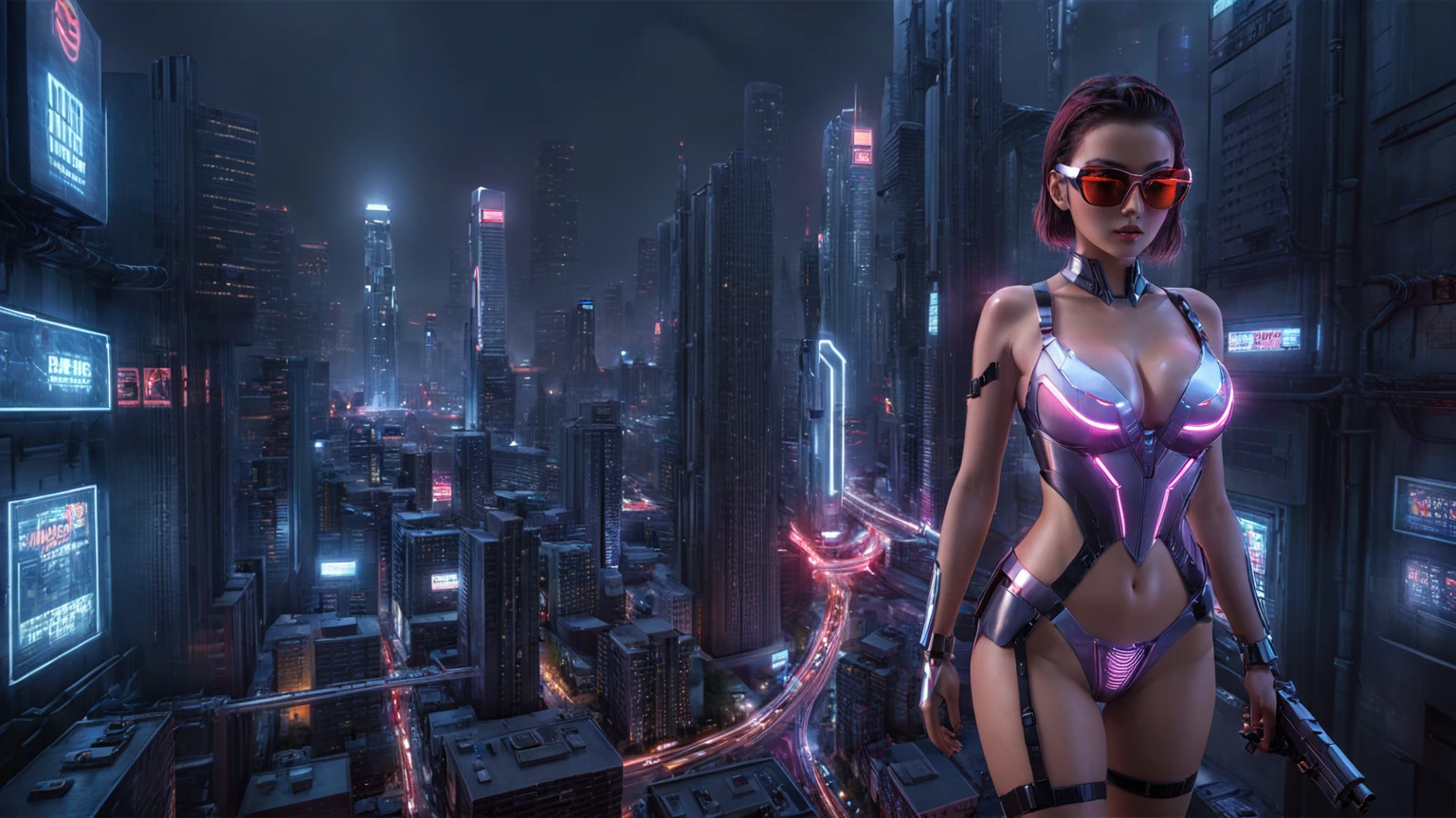 There's a cyborg woman (8k) wearing a futuristic leotard (best quality), aerial view of a cyberpunk city alley at night, (flying cruising robotic owl), darksynth aesthetic, red neons, haze, foggy night, ultra detailed, photorealistic, (1girl, solo, alone), large-breast:1.2 slim body, cleavage:1.1, (black sunglasses), (holding a pistol), dynamic pose, half-body thigh level medium shot, cinematic lighting, ray tracing.