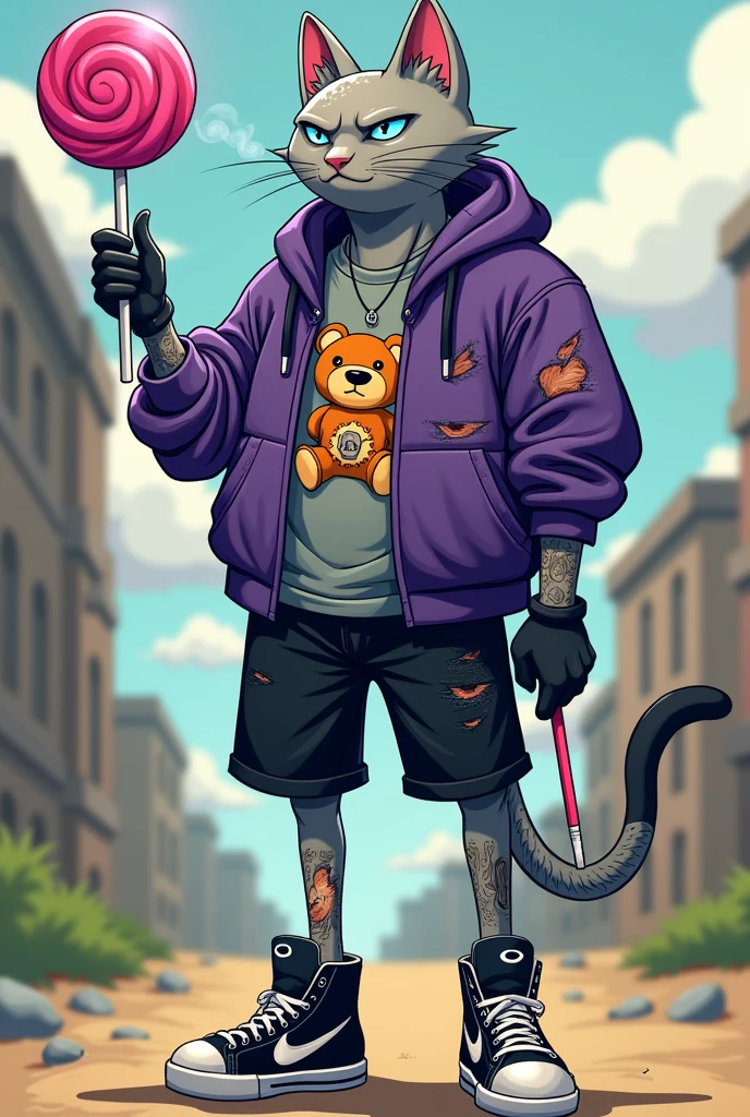 create a tall, thin male light gray humanoid cat, he has a scar on his left eye and his right ear has a tear on the tip, wearing an open purple hoodie and a distressed gray t-shirt, with teddy bear print, Nike high top sneakers, black gloves, A long black shorts, light blue eyes with an angry expression, He has a crazy face, he has some tattoos on his body, carrying a giant 1 meter lollipop, and smoking a candy cigarette.
O estilo de arte deve ser o estilo Cartoon Adventure Time