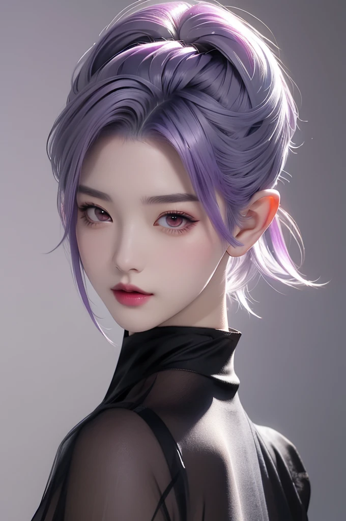 artgerm colorful!!!, dark background, art wallpaper 4 k, realistic art wallpaper 8 k, RAW photo, extremely detailed artgerm, artgerm and rossdraws, artgerm on artstation pixiv, detailed digital art, purple hair, gray eyes, (Undercut Pixie hair:1.3), sheer black outfit, upper body,