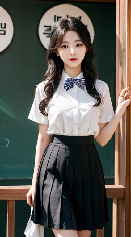 Korean school uniform、Summer shirts、Tight shirt、Bow tie、skirt、School、School的楼梯、Improved posture、The point is、Thin and large、8K Original Photo、high resolution、18 year old Korean、Looks awkward、Extra large round，Beautiful details、Long eyelashes、Nice double eyelids、Eyeshadow、Eyeliner、Eyes become longer、Elongate the shape of the eyes、Sanbai&#39;s eyes are beautiful, Thin legs, And beautiful long legs.、Random Shorthair Cat、Tie your hair up、Ear nipple rings、Light brown hair、(Wear pantyhose)、Hold your knees，8k 最high resolution，Rich in details, Sexy and seductive pose, professional, The breasts were about to burst out of the clothes(Seductive figure)、(Large Breasts)、Perfect hands, Perfect hands指, Perfect pubic bone, Perfect fit, Perfect body, Perfect face shape, Picture-perfect reality, background, Detailed clothing,The shirt is not buttoned properly
