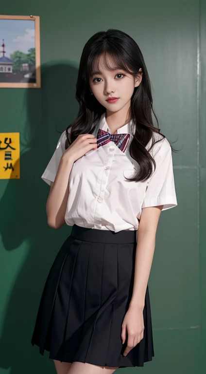 Korean school uniform、Summer shirts、Tight shirt、Bow tie、skirt、School、School的楼梯、Improved posture、The point is、Thin and large、8K Original Photo、high resolution、18 year old Korean、Looks awkward、Extra large round,Beautiful details、Long eyelashes、Nice double eyelids、Eyeshadow、Eyeliner、Eyes become longer、Elongate the shape of the eyes、Sanbai's eyes are beautiful, Thin legs, And beautiful long legs.、Random Shorthair Cat、Tie your hair up、Ear nipple rings、Light brown hair、(Wear pantyhose)、Hold your knees,8k 最high resolution,Rich in details, Sexy and seductive pose, professional, The breasts were about to burst out of the clothes(Seductive figure)、(Large Breasts)、Perfect hands, Perfect hands指, Perfect pubic bone, Perfect fit, Perfect body, Perfect face shape, Picture-perfect reality, background, Detailed clothing,The shirt is not buttoned properly
