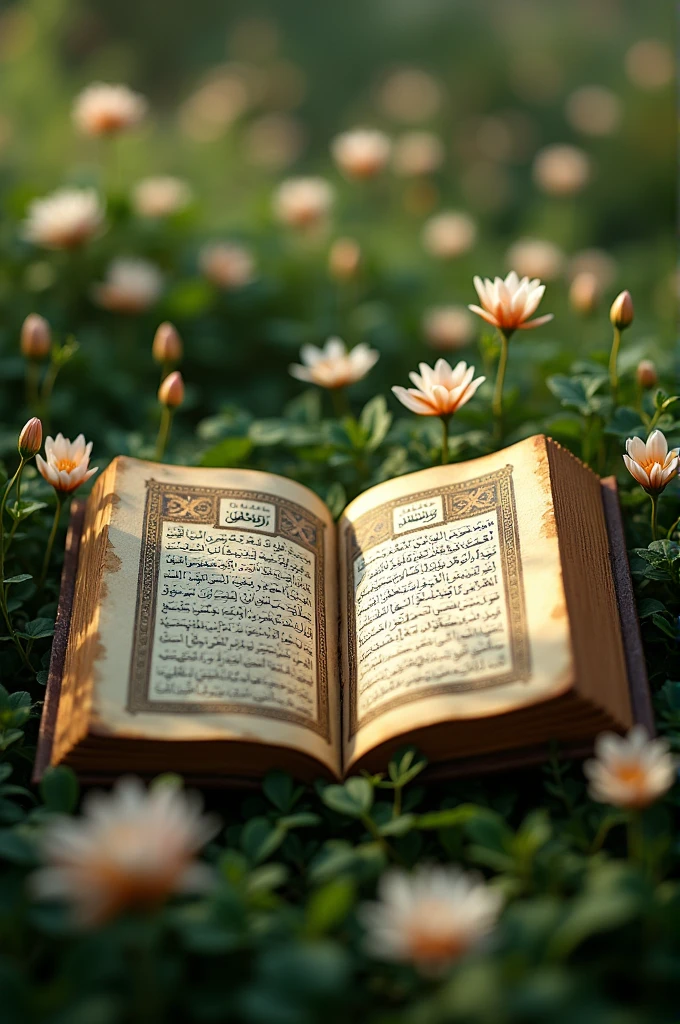 Picture of an old open book in a beautiful garden with writing on its pages (And indeed, it is a noble Qur’an in a protected book. ) and make writing clearer