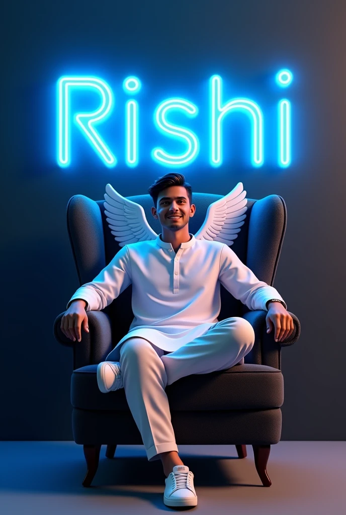 Create a stunning 3D profile picture where a young man (around 20 years old) with a charming smile sits casually on a velvet wingback chair. Dressed in a crisp kurta and white sneakers, he gazes confidently into the distance. Behind him, a vibrant blue neon sign spells out "RISHI" in a bold, futuristic font against a deep charcoal wall. The scene is bathed in a warm, ethereal glow, highlighting his angelic presence with subtle, feathery wings.
