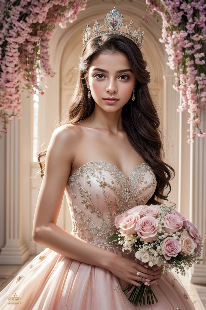 A stunning piece of art by Paola Salome, featuring a graceful young girl adorned with a crown and a beautiful dress. The girl stands confidently, her eyes full of determination and her hands holding a bouquet of flowers. The background is a dreamy, soft pink haze, with delicate petals floating around her. The overall atmosphere of the painting is enchanting and romantic, capturing the essence of innocence and beauty.