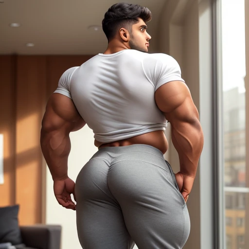 4 meter tall slightly overweight indian men. 20 years old. Childish Young hairless fresh face. In london with friend. Very sexy Posing for camera. Muscular. Wearing a henley and a tight gray sweat pants. Big ass. Smooth body and face. Belly seen. Long long legs. View from the back. Sunlight.