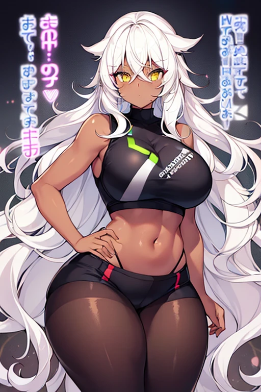 1girl, dark skin, dark-skinned female, yellow eyes, white hair, long hair, large breasts, wavy hair, thick thighs, sportswear, shy, sports bra, hourglass figure, neon, neon trim, mature female, skin tight, tight clothes, number, numbers, text,