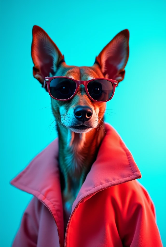 The best cell phone wallpaper, Award-Winning Wallpaper, portrait photography, In the front view is a portrait of a cute dog wearing mid-1960s space age fashion, Side view photo, Shot with Canon EOS R5, Set a strong contrast that accentuates the subject, Fluorescent blue tone, Wearing a very modern coat and sunglasses is a modern 1960s style, Clothes all in one color, beautiful background
