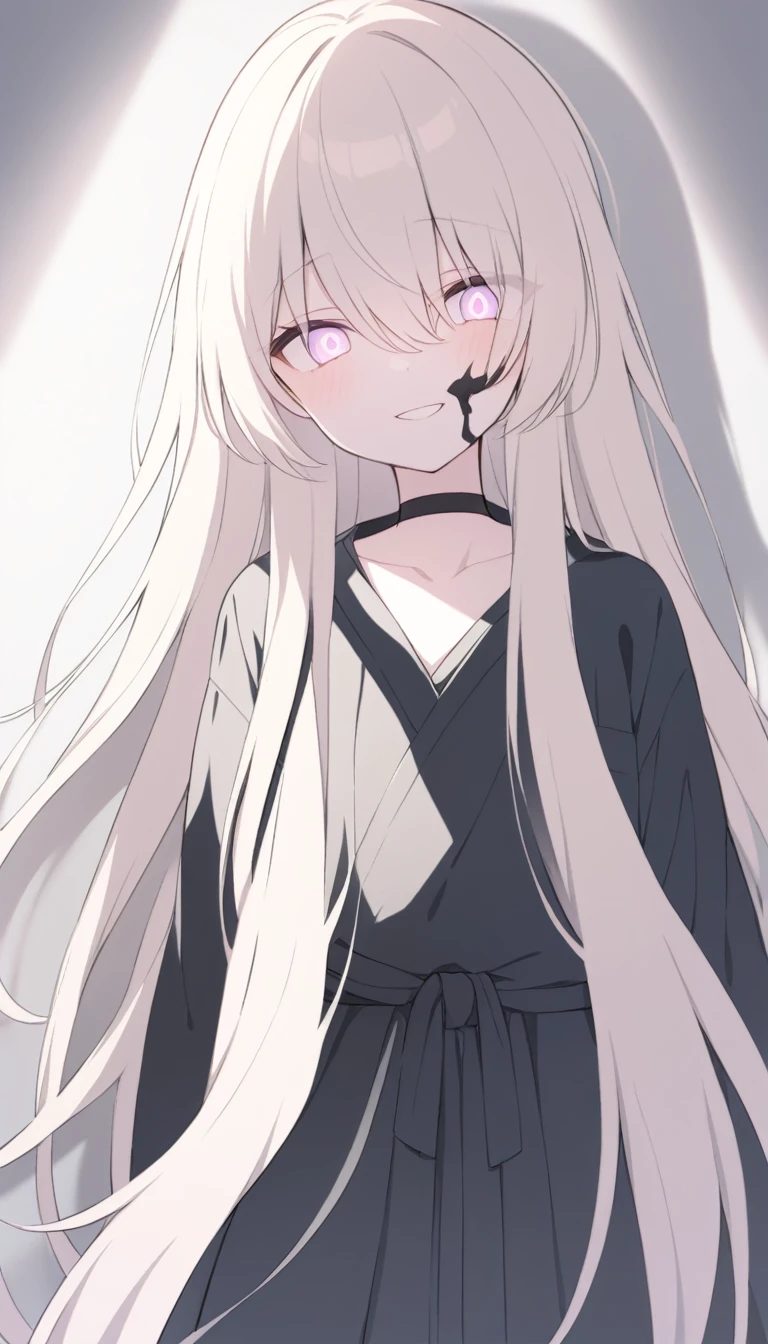 Yandere　♡eye　light-colored hair　Black strings are hung on both sides　slightly sideways　Looking this way　Smiling with a cold expression　Shadow on face　Long hair that reaches down to the waist　Wearing a choker around his neck　dark　whole body