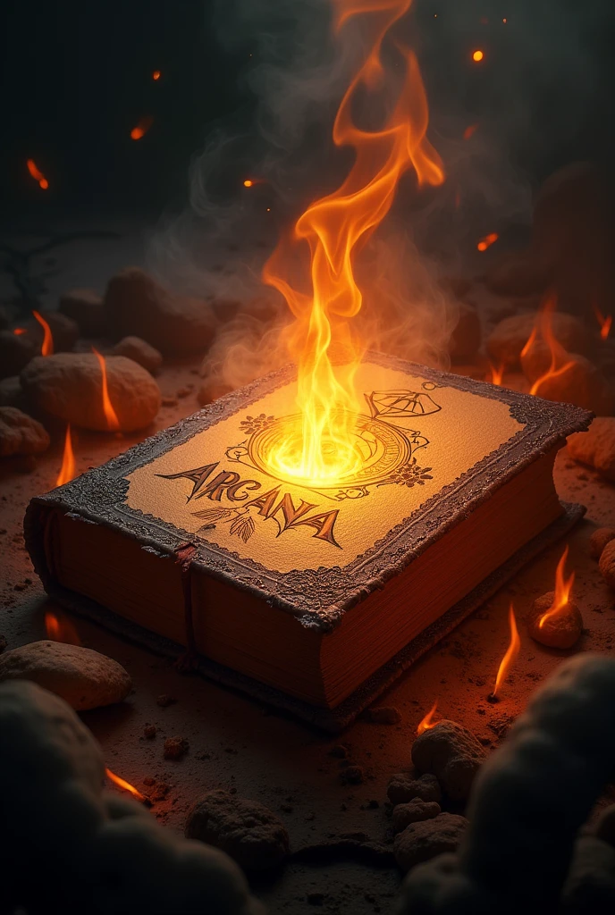 Book on fire with the name arcana