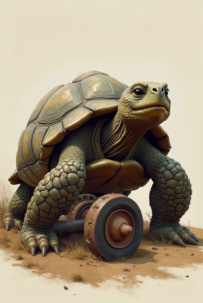 Imagine a robust and determined tortoise, with an expression of effort, dragging a tractor plow harrow. The grid can be the same size with several discs and to look like it is being pulled with difficulty by the tortoise.