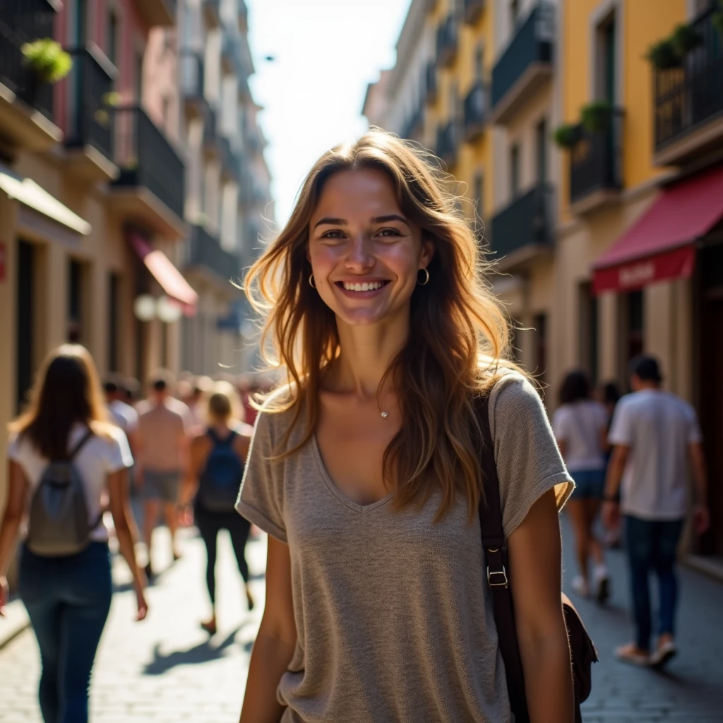 [Core Concept] A realistic digital portrait of a cheerful woman strolling through the vibrant streets of Barcelona.

[Character Description] A young, radiant woman with an inviting smile, her face illuminated by natural light. She appears relaxed and content, her gaze directed towards the viewer.

[Environment/Background] The woman is set against the backdrop of Barcelona's bustling narrow streets, filled with a lively crowd of people going about their daily activities. Colorful buildings, cobblestone pathways, and the energy of the city create a dynamic and immersive scene.

[Style and Atmosphere] The portrait has a natural, documentary-style aesthetic, capturing the subject in a candid moment. The lighting and depth of field create a sense of depth and dimensionality, drawing the viewer's attention to the woman's expression and the surrounding environment.

[Composition] The woman is positioned slightly off-center, allowing for the inclusion of the bustling street scene in the background. The framing and perspective give the impression of the viewer being present, as if observing the scene unfold.

[Details and Embellishments] Intricate details can be seen in the woman's clothing, the architectural features of the buildings, and the diverse array of people and activities in the street. These elements contribute to the richness and authenticity of the scene.

[Technical Specifications] The portrait is captured with a high-quality DSLR digital camera, showcasing the camera's ability to render lifelike details, accurate colors, and a shallow depth of field that draws the viewer's focus to the subject.