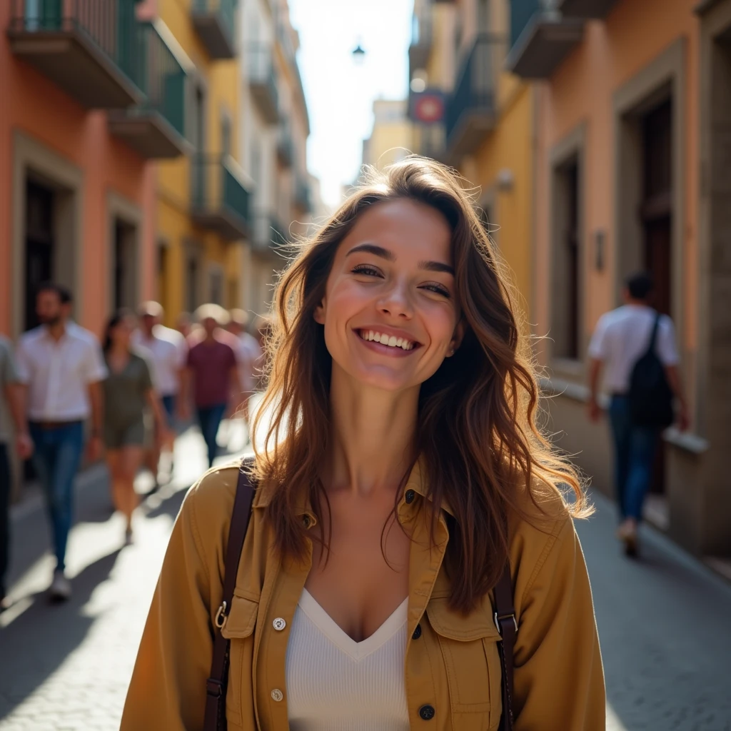 [Core Concept] A realistic digital portrait of a cheerful woman strolling through the vibrant streets of Barcelona.

[Character Description] A young, radiant woman with an inviting smile, her face illuminated by natural light. She appears relaxed and content, her gaze directed towards the viewer.

[Environment/Background] The woman is set against the backdrop of Barcelona's bustling narrow streets, filled with a lively crowd of people going about their daily activities. Colorful buildings, cobblestone pathways, and the energy of the city create a dynamic and immersive scene.

[Style and Atmosphere] The portrait has a natural, documentary-style aesthetic, capturing the subject in a candid moment. The lighting and depth of field create a sense of depth and dimensionality, drawing the viewer's attention to the woman's expression and the surrounding environment.

[Composition] The woman is positioned slightly off-center, allowing for the inclusion of the bustling street scene in the background. The framing and perspective give the impression of the viewer being present, as if observing the scene unfold.

[Details and Embellishments] Intricate details can be seen in the woman's clothing, the architectural features of the buildings, and the diverse array of people and activities in the street. These elements contribute to the richness and authenticity of the scene.

[Technical Specifications] The portrait is captured with a high-quality DSLR digital camera, showcasing the camera's ability to render lifelike details, accurate colors, and a shallow depth of field that draws the viewer's focus to the subject.