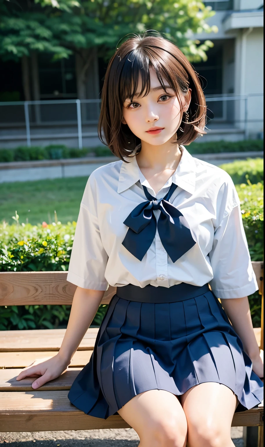 ((Highest quality))、((masterpiece))、RAW Photos、8k、Highest quality、 Ultra-high resolution、Beautiful face in every detail、Realistic human skin、Gentle expression、View from the front、color々From an angle、[[[Bob Hair]]]、Realistic、Photorealistic、cute、Short skirt、(cutehigh school girl)、school uniform, cutehigh school girl, high school girl、制服を着ている日本のhigh school girl、シュールなhigh school girl、Beauty、watch、blue sky、garden、bench、A bow tie、JK Ribbon、((hairstyle))