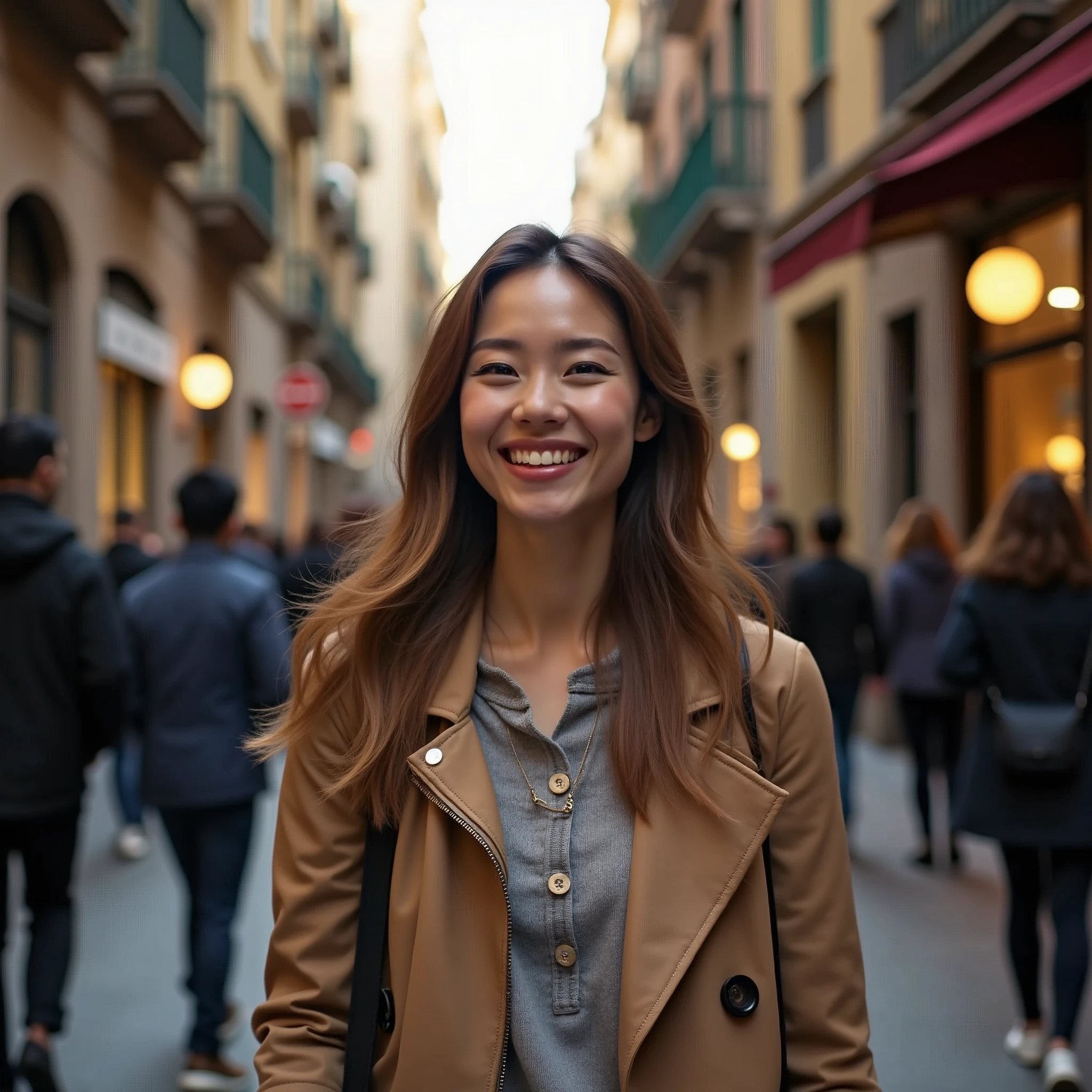 realistic portrait of a happy woman captured with a DSLR digital camera, strolling the bustling narrow streets filled with people in Barcelona