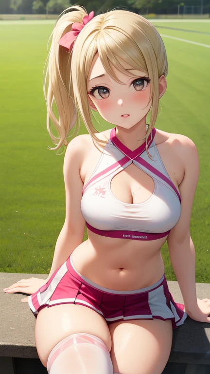 masterpiece, best quality, highly detailed, ultra high res, ayase arisa, 1girl, solo, hazel eyes, hair ornament, short ash blonde hair, side ponytail, glossy lips, cheerleader, pink thigh highs, looking at viewer, school field, medium breasts, halter top, sitting, water bottle