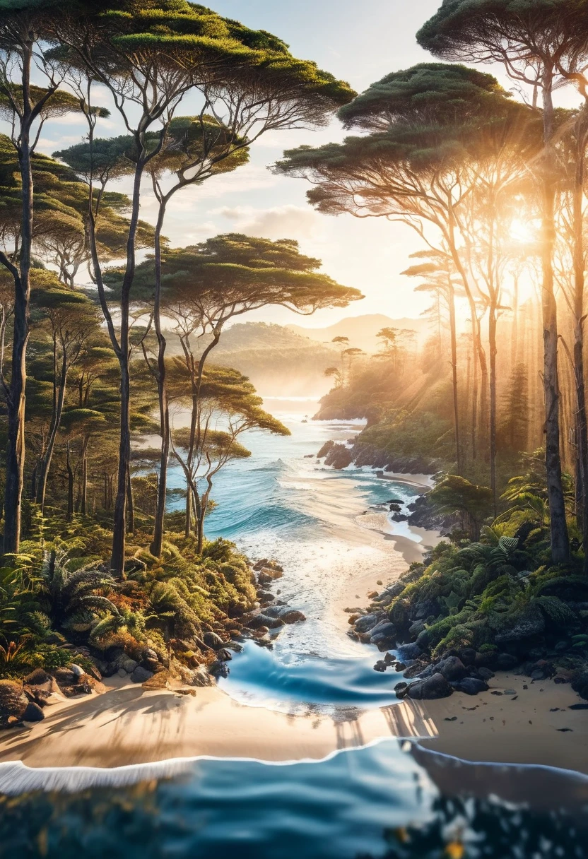 ((Double Exposure)) ((Photography)) of the ((forest)) and ((sunrise)) and ((ocean)) blending together in the word ((AFRICA)), artfully captured with a ((70mm lens)) on a ((clear sunny day)), intricate details and ((hyperrealistic)) patterns that draw the eye, providing a unique and creative way to showcase this breathtaking scene. ((Unreal Engine 5)) ((Rendered))