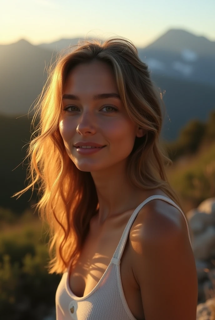 photo realistic, femme brume qui ressemble a sophie mudd photo de selfie, Haut du corps, bare, wear a tank top, cool, (sun set), mountains, nature in real life, (joyeux, blissful), sleeping bag, fluttering hair, forest, rock, river, Wood, Smoke, ciel clair, analog style, vue du spectateur, Texture de la peau, grain de film, toe, Ultra haute résolution, best shadow, BRUT, LUT Instagram