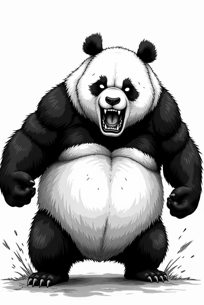 Black and white manga style drawing of an angry muscular panda 