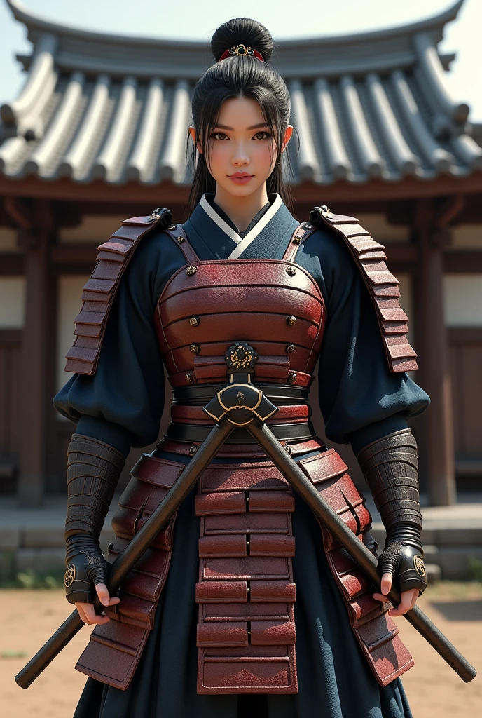 Asian naked heavy muscled Female samurai standing in front of house
Make her much more muscled
Make her wider shoulders
Use k-pop idole sulhyun face