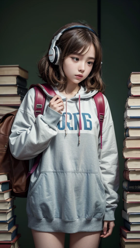 Brown haired girl with letters, kpop clothes with headphones in her ears and her phone in her hand and some books and a backpack 