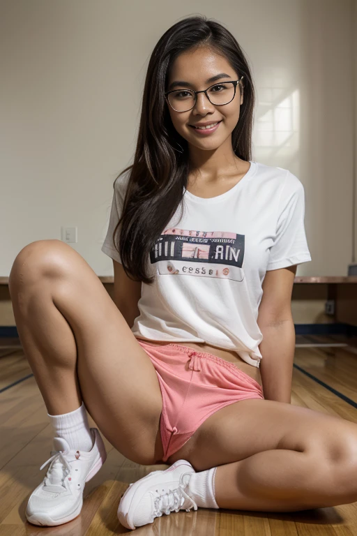 Sweet young jakarta junior high school girl, a naughty girl, perfect sweet georgeus face, look like an Indonesian top model, 14 years old, slim body, long slim sexy legs, descent mixed from minang and bugis, round big briliant eyes, long eyelashes, nubian type beautiful nose, beautiful sexy red lips, wearing black sport shoes and short white socks, wearing glasses, wearing white folded up long t-shirt shirt, wearing thin rather transparent pink short boxer pant, playing cheerful straddeled spreading wide both legs on basketball yard, cute sweet smiling, very realistic, very detail, very natural, DSLR, no monster face,