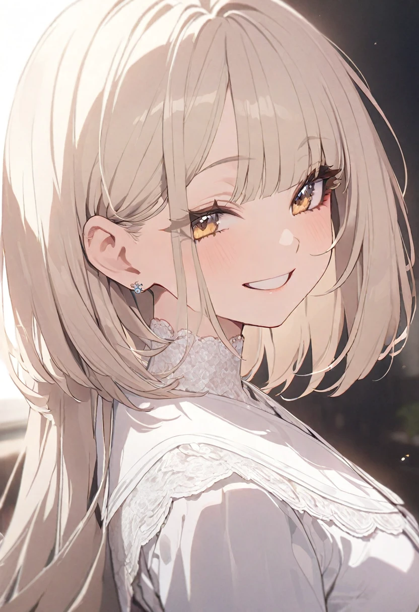 girl, (Puffy eyes:1.05), (White lace shirt), Platinum Blonde Hair, (Angled Bob:1.4), Straight bangs, (Long flowing hair), smile, Happy, happiness, Skin with attention to detail, Skin pores, A surprisingly innocent and symmetrical face, Long eyelashes, Black eyeliner, Light gold eyeshadow, cross_foot, emotion, masterpiece, Highest quality, reality,