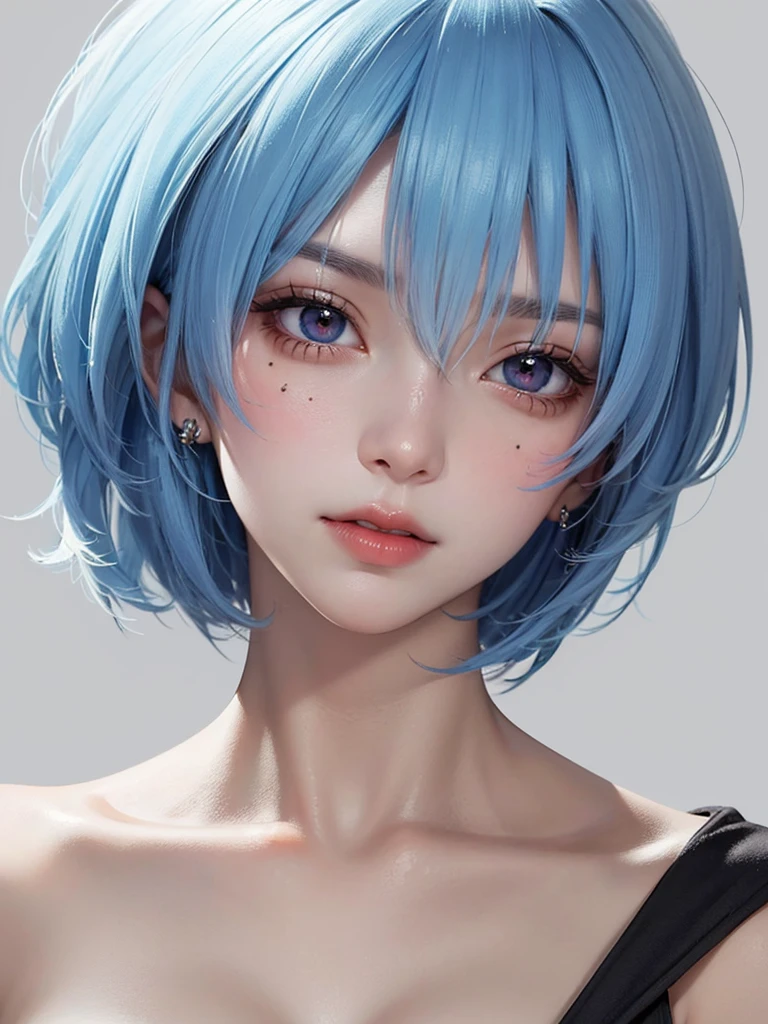 Masterpiece, Best Quality, 8K, Detailed Skin Texture, Detailed Cloth Texture, Beautiful Detail Face, Intricate Detail, Ultra Detailed, Portrait of Rei Ayanami, Blue Hair, Red Eyes, Head Tilt, No Background