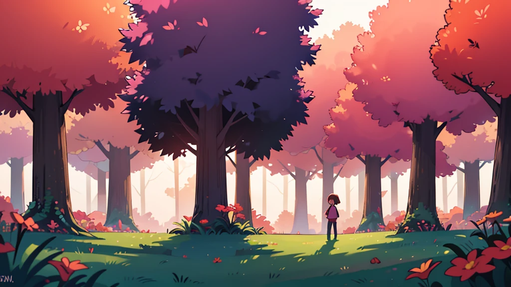 4k ultra-HD, twilight sun set landscape, very detailled, perfect lighting, a beautiful purple forest, orange, pink trees, red flowers growing in groups of 3 in lush green grass, a giant tree of which you can only see the enormous trunk from a distance