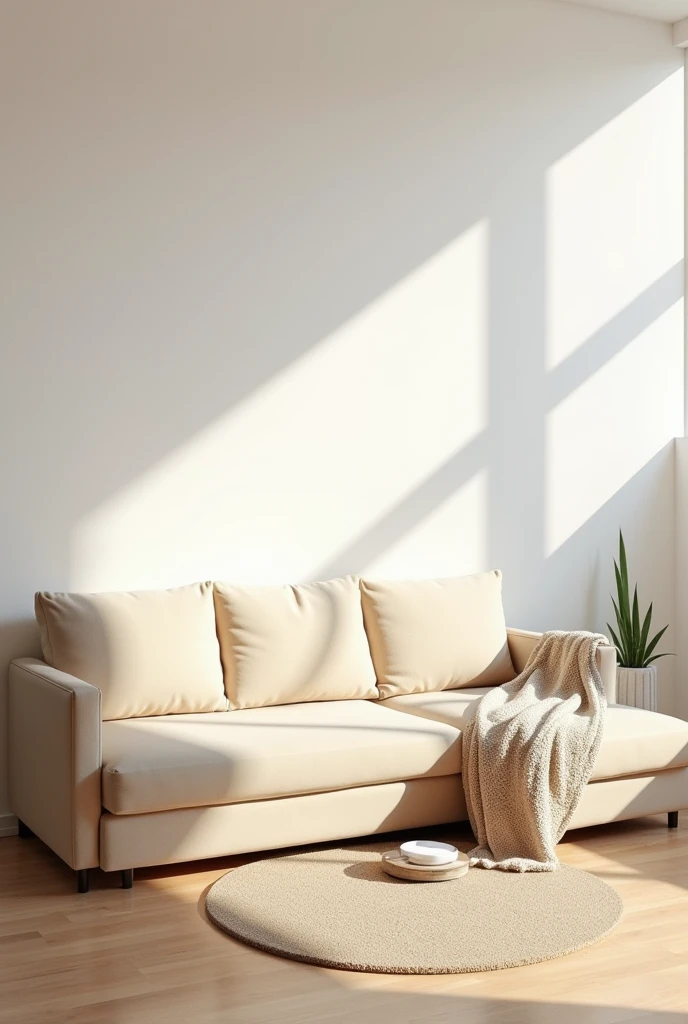Create a living room with a white wall and brown wooden floor and a beige corner sofa