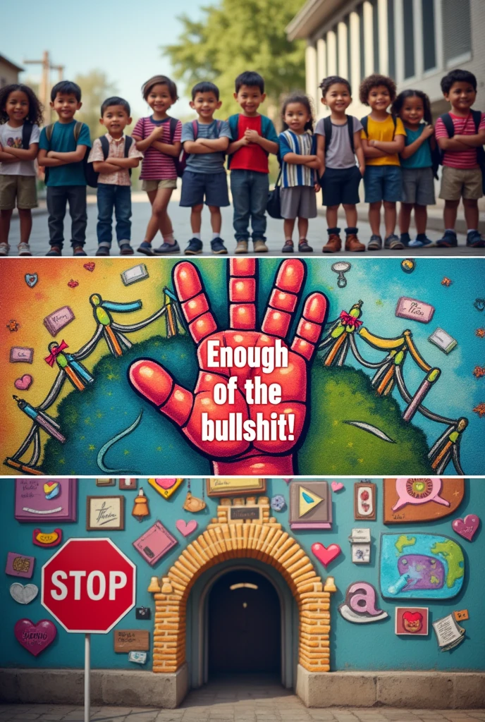 Holding Hands and Crossing Arms:

An image with students of different ages and styles, everyone holding hands or with their arms crossed, symbolizing unity and strength against violence. The background can be a school or schoolyard.
Colorful Peace Symbol:

A great symbol of peace (like the dove or the hippie peace symbol) formed by colorful elements, como livros, Pencils and notebooks, representing education and student unity. fenn, the name "Enough of the bullshit!" styled with a dynamic and vibrant font.
Broken Bridge and Students Rebuilding:

A broken bridge or wall, with students from both sides, rebuilding it together. This can symbolize overcoming conflicts and building a more peaceful environment..
Stop Sign with Hand:

A hand in sign of "pare", with the text "Enough of the bullshit!" written on the palm, positioned in front of a school. The background can be composed of other elements that refer to education and unity..
Graffiti Poster:

A wall or wall graffitied with the phrase "Enough of the bullshit!" in urban style, perhaps with drawings that represent peace and respect, like hearts, handshakes and smiling faces. This can attract the attention of young people in a modern and contextualized way..