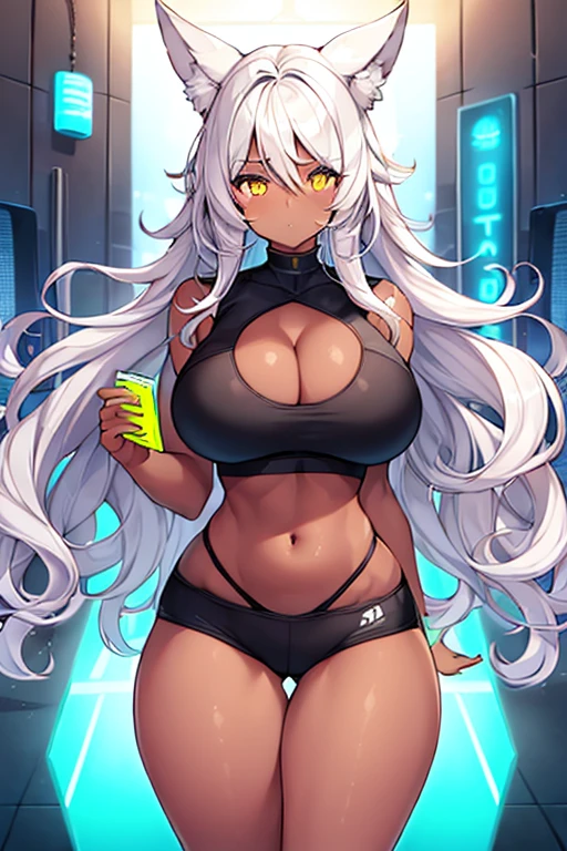 1girl, dark skin, dark-skinned female, yellow eyes, white hair, long hair, large breasts, wavy hair, thick thighs, sportswear, shy, sports bra, hourglass figure, neon, neon trim, mature female, skin tight, tight clothes, number, numbers, text, highleg