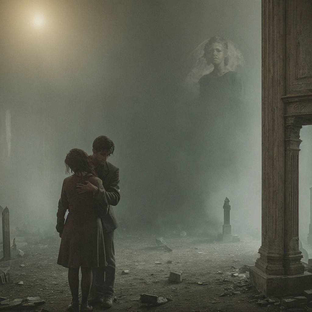 High Resolution, Masterpiece, Best Quality, Super Detailed, Depict a melancholic scene of a man standing in a dimly lit, old, and worn-out room that transitions into an elite cemetery. The man is embracing the ghostly, ethereal figure of a woman, whose form appears to be made of smoke or mist, suggesting that she is a spirit. The man’s expression conveys deep sadness as he holds onto the fading figure. In the background, there’s an old, disheveled sofa, adding to the overall sense of abandonment and sorrow, while the elite cemetery setting with well-kept graves and ornate tombstones adds a touch of solemnity. A second woman stands behind them, watching with a sad expression, tears in her eyes as she observes the man embracing the ghost. The atmosphere is heavy with emotion, and the lighting emphasizes the haunting and sorrowful nature of the scene.