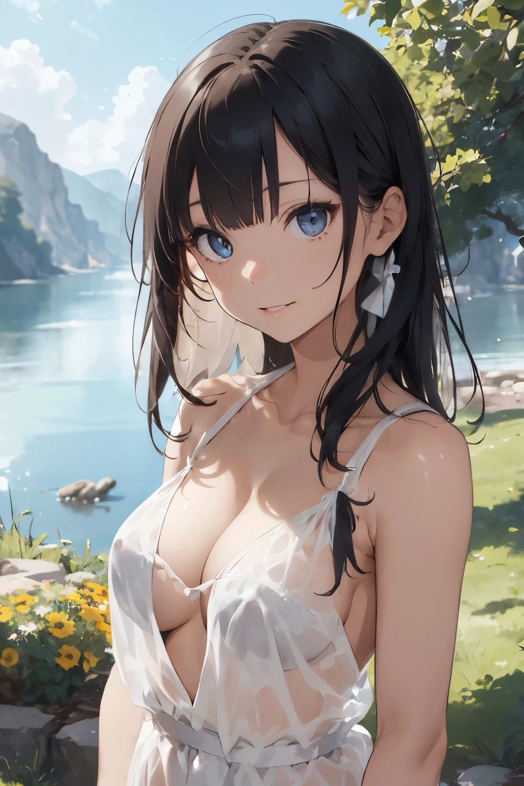 ((Top Quality)), ((Excellent)), (Details),,((Japanese)),, Black Hair,(Childish face),((Straight Hair)), shiny hair, 1 Girl ,((Moderate breasts)), ((Blue Eyes)),masterpiece, (half-smile), ultra realistic ,((Emphasize the cleavage)), Shoulder straps slip off, ((upper body)), ((extreme_close_up)), ((See-through White chemise)) ,((Emphasize the cleavage)),((topless)) ,((naked)),   , best quality, Natural Light, Straight Hair,((blunt bangs)), stunning environment ,vibrant colors ,((extreme_close_up)) ,overhead shot, ((extreme_close_up)) ,((Emphasize the cleavage)), solo, Straight Hair, hair ribbon, outdoors, (Grassland), lake, Flowers, white bow , upper body, blunt bangs ,((White chemise)), ((See-through)),