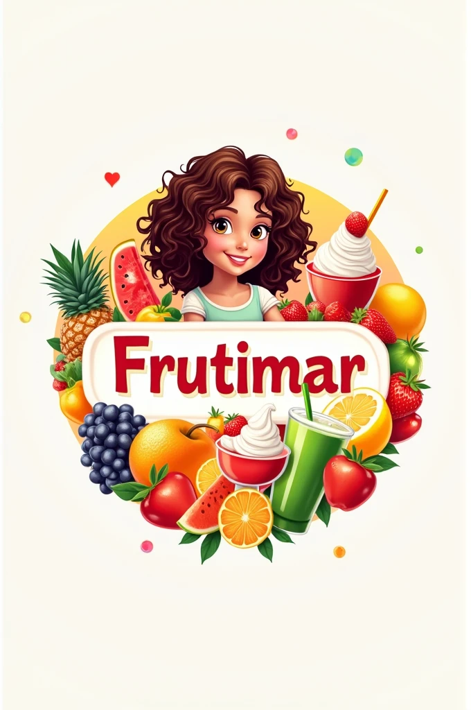 Circular logo of the name Frutimar, have fruit salad with ice cream, juices and fruits. With girl curly brown hair