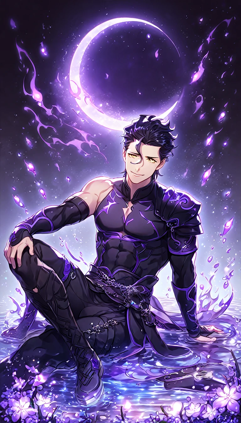 absurdres, highres, ultra detailed, HDR, master piece, Diarmuid ua duibhne, black hair, expressive yellow eyes, black clothes, Fate Grand Order, sexy man sitting, handsome, best quality, purple glittering crescent moon, purple flowers, fantasy, magical, solo, water, purple shining fireflies, purple petals, sensual, purple fire, manly man, handsome smile
