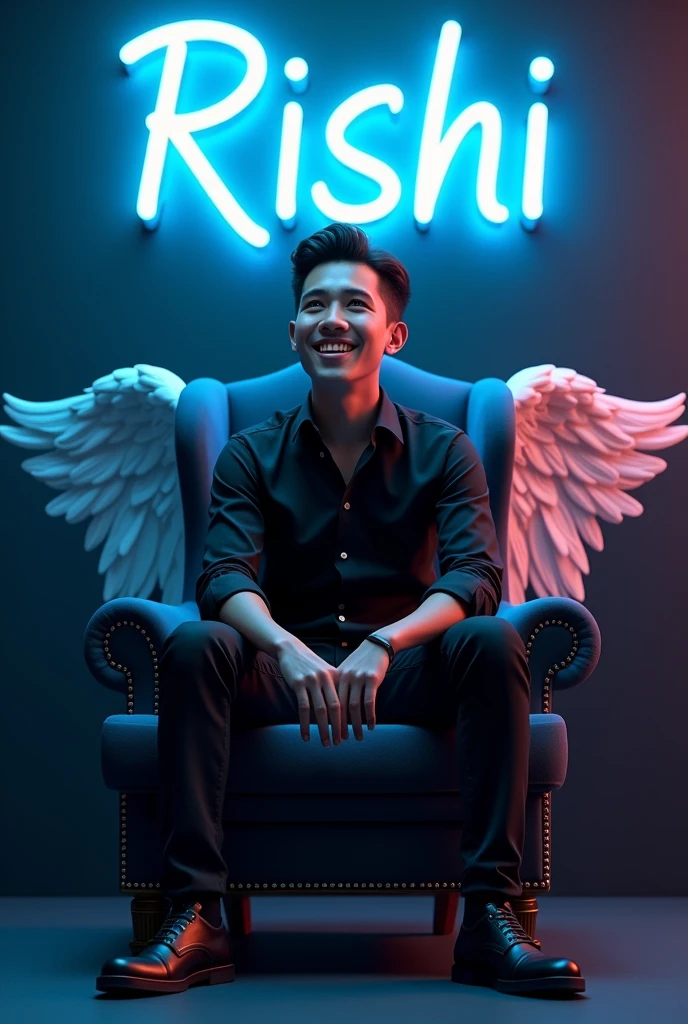 Create a stunning 3D profile picture where a young man (around 20 years old) with a charming smile sits on a velvet wingback chair. Dressed in a black shirt and a black pant formal shoes, he gazes confidently into the distance. Behind him, a vibrant blue neon sign spells out "RISHI" in a bold, futuristic font against a deep charcoal wall. The scene is bathed in a warm, ethereal glow, highlighting his angelic presence with subtle, feathery wings.
