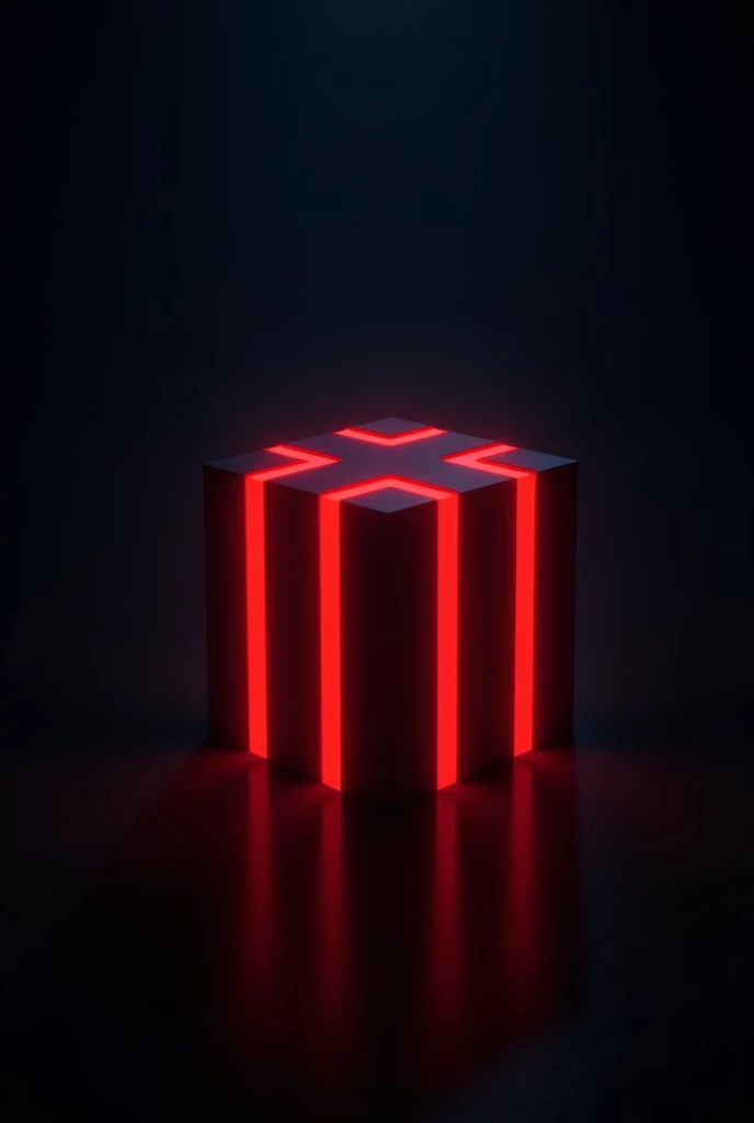 A box with red stripes in the middle of the darkness and illuminates it with low light