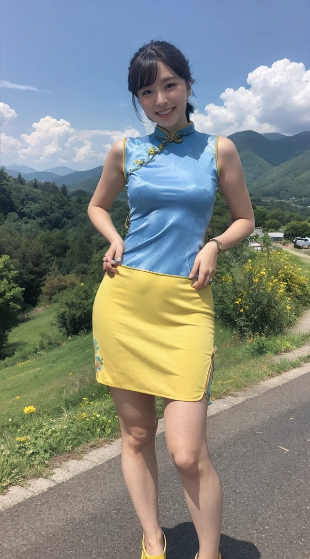 Highest quality, masterpiece,32K ,photograph、 Photorealistic, High resolution, 8k RAWphotograph,alone, 1 girl,、Age 35、Slim figure、A sloppy smile、 ((((Sleeveless yellow cheongsam))))、In the mountains、High heels